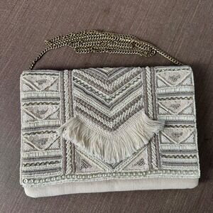 Shirdee Hand Beaded Boho Clutch Cream Gold Fringe Tassel‎ Handcrafted Whimsigoth
